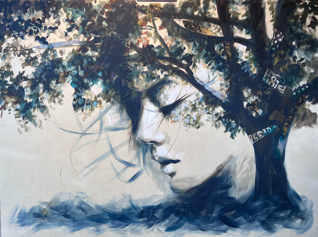 Artistic depiction of a person's face with tree branches and leaves