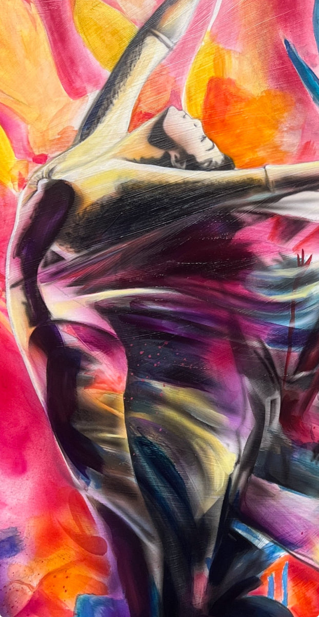 figure reaches upward, surrounded by bold hues of pink, orange, and blue, symbolizing renewal, hope, and spiritual ascent. Birds in flight