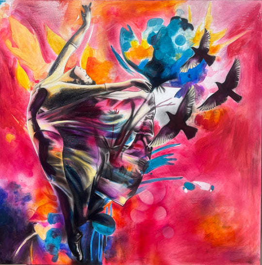 A vibrant acrylic and oil painting on wood featuring a figure with outstretched arms and a background of bold colors including pink, orange, and blue, with birds in flight.