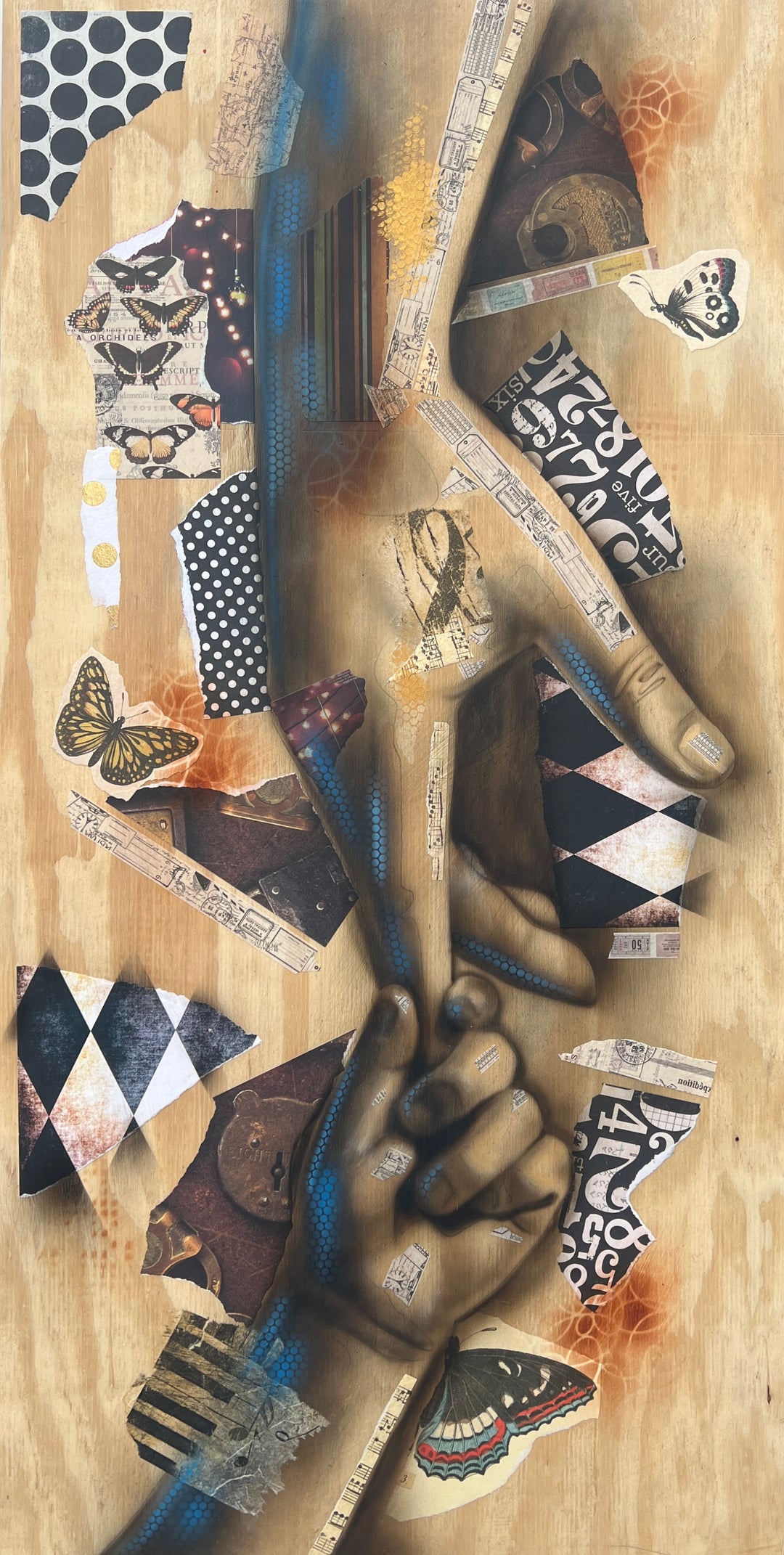 Needful Hands – original artwork depicting a parent and child holding hands with abstract elements.
