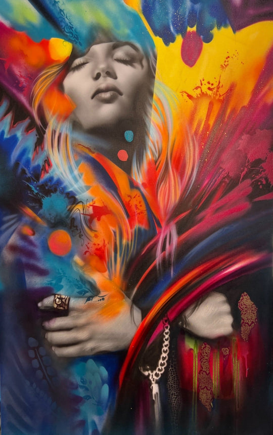 Colorful abstract art with a person's face and hands