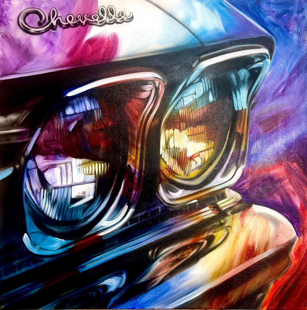A vibrant acrylic and oil painting on canvas featuring the iconic Chevrolet Chevelle car in a colorful and artistic style.