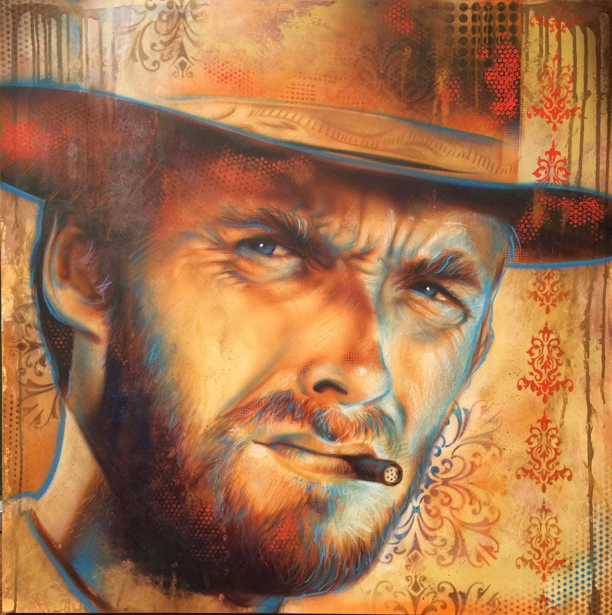 Contemporary portrait of Clint Eastwood in a cowboy hat, rendered in warm gold, copper, and blue tones with layered textures and Western-inspired design elements that celebrate the legendary actor and filmmaker.