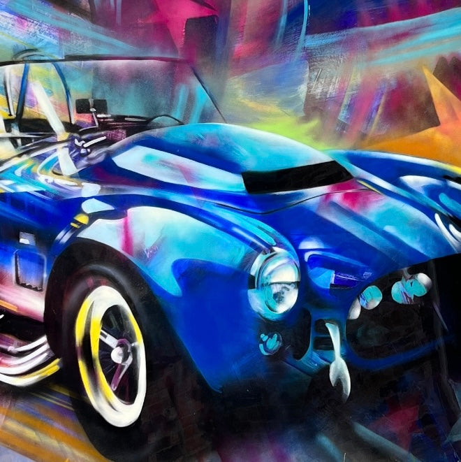 A vibrant mixed media painting on wood featuring a blue Shelby Cobra with a high-gloss resin finish.