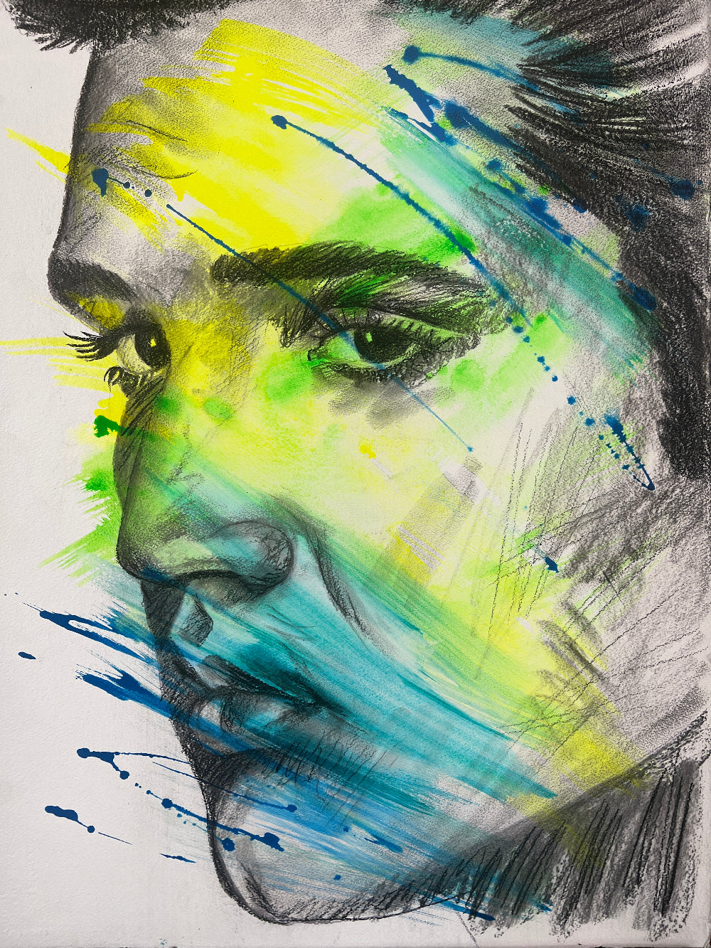 Contemporary portrait painting inspired by Elvis Presley, featuring a dramatic grayscale face accented with vibrant neon green, yellow, and blue brushstrokes and paint splatters. Expressive mixed-media textures and bold contrast create a modern, energetic interpretation of the iconic musician.
