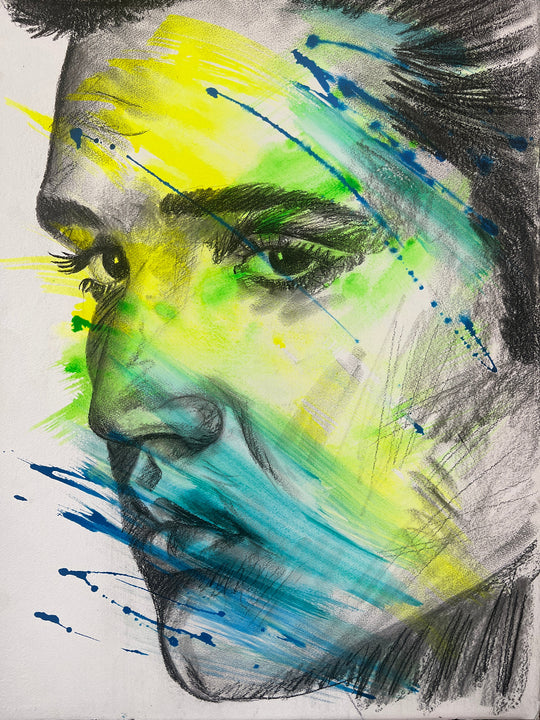Contemporary portrait painting inspired by Elvis Presley, featuring a dramatic grayscale face accented with vibrant neon green, yellow, and blue brushstrokes and paint splatters. Expressive mixed-media textures and bold contrast create a modern, energetic interpretation of the iconic musician.
