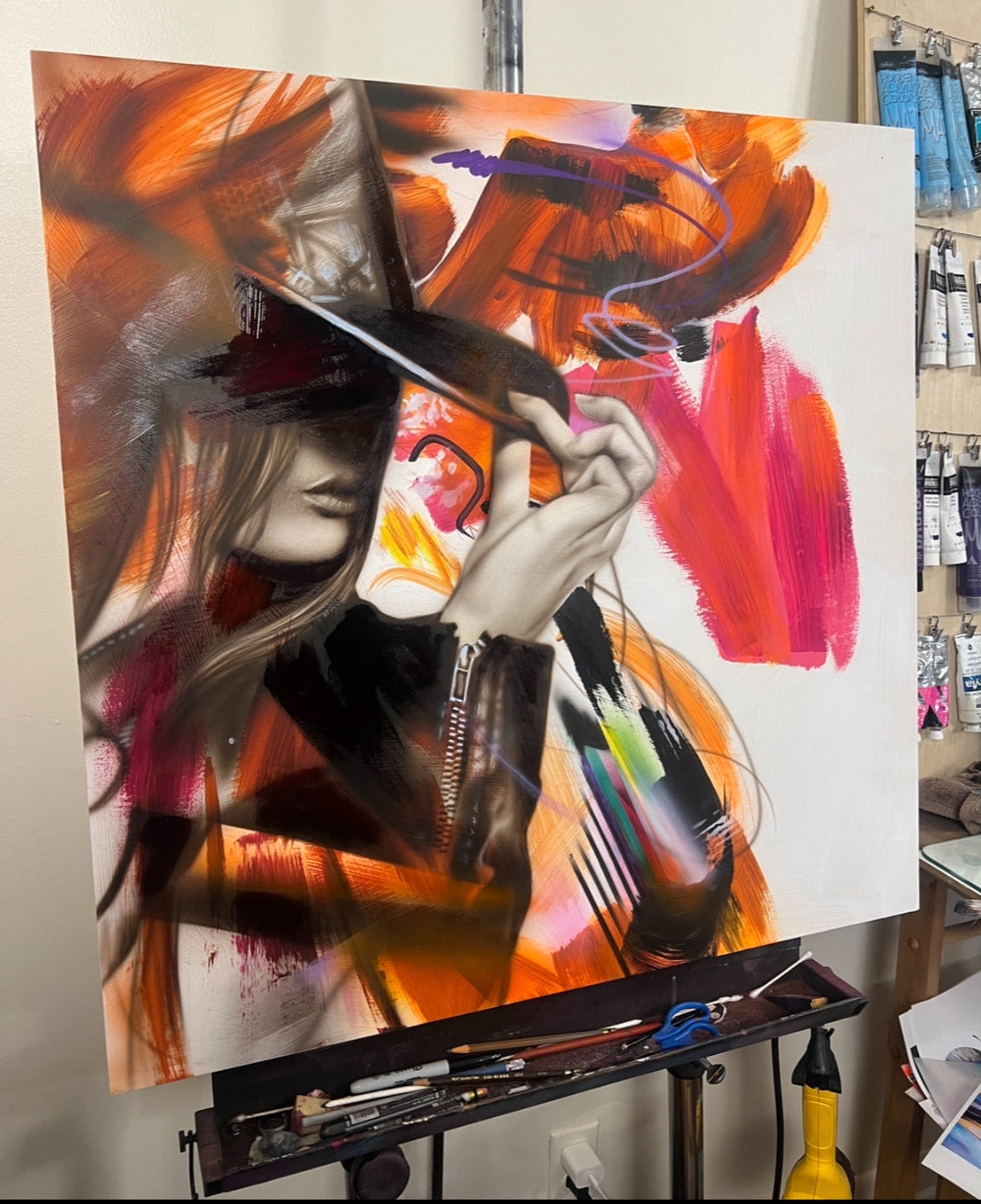 cowgirl tipping her hat shadow over her eyes orange and pink hues square painting by ShenShen