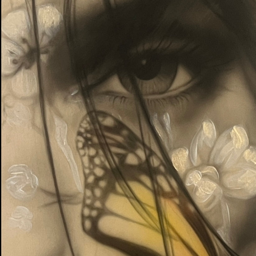 A mixed media painting on wood featuring a girl with a butterfly interwoven in sepia tones, with floral accents in the background.