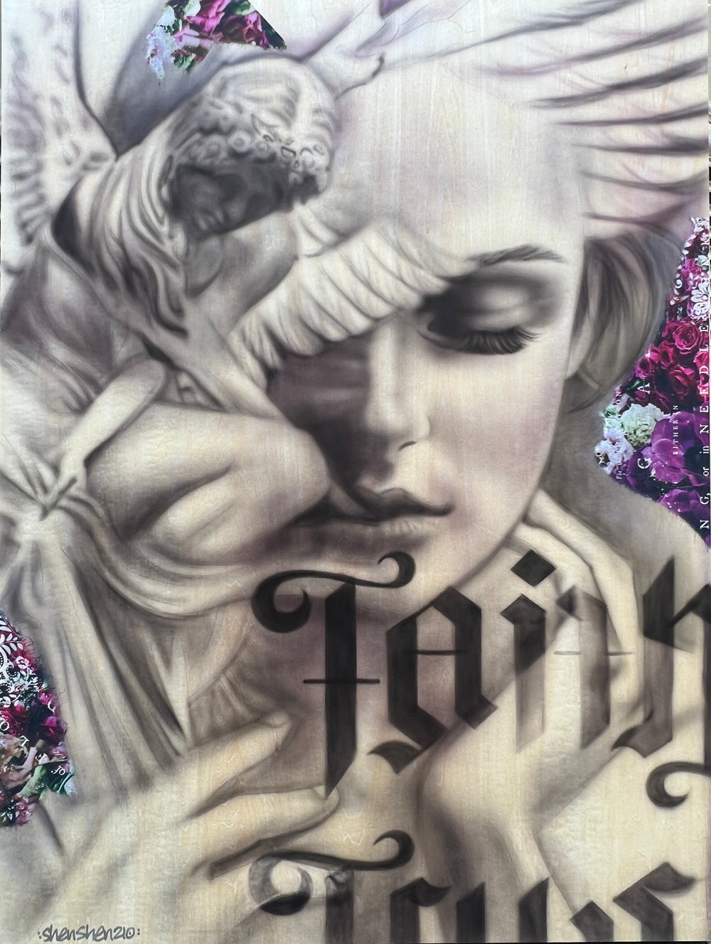 The full size painting of “ Faith and Trust” a girl with an angel by her side with sepia colors. 