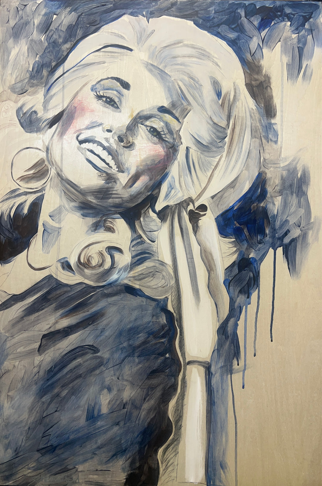 Dolly's Dream original painting, a smiling portrait in cream and blue-gray tones with expressive brushwork and paint drips.