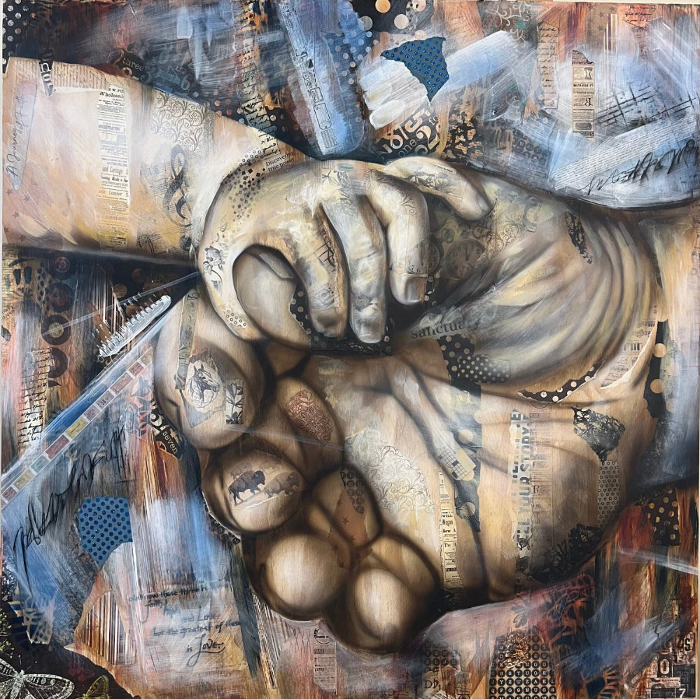 I Won’t Let Go acrylic art print featuring a father and child holding hands in warm sepia colors.
