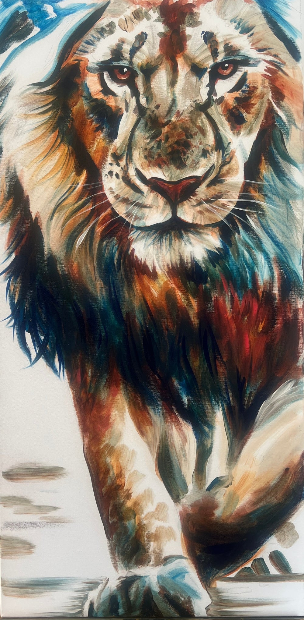 Original 18×36 lion painting titled Kingdom Courage by ShenShen featuring a majestic lion with an intense forward gaze, painted in expressive acrylic brushstrokes with rich cream, gold, teal, navy, and burnt orange tones against a minimalist white background. The contemporary wildlife portrait emphasizes strength, courage, and quiet confidence through layered color and bold painterly texture.
