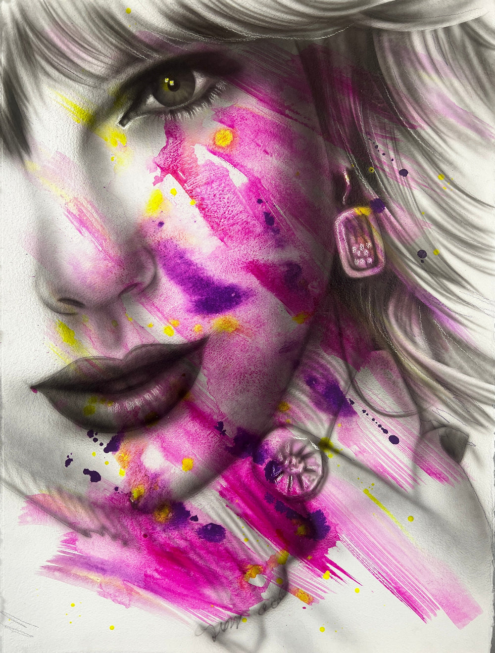 Contemporary portrait painting of a woman with platinum blonde hair, rendered in grayscale with vivid splashes of pink, purple, and yellow paint across her face. Soft shading, expressive brushwork, and graffiti-inspired details create a bold, modern glam aesthetic with an emotional, cinematic feel.
by shenshen
