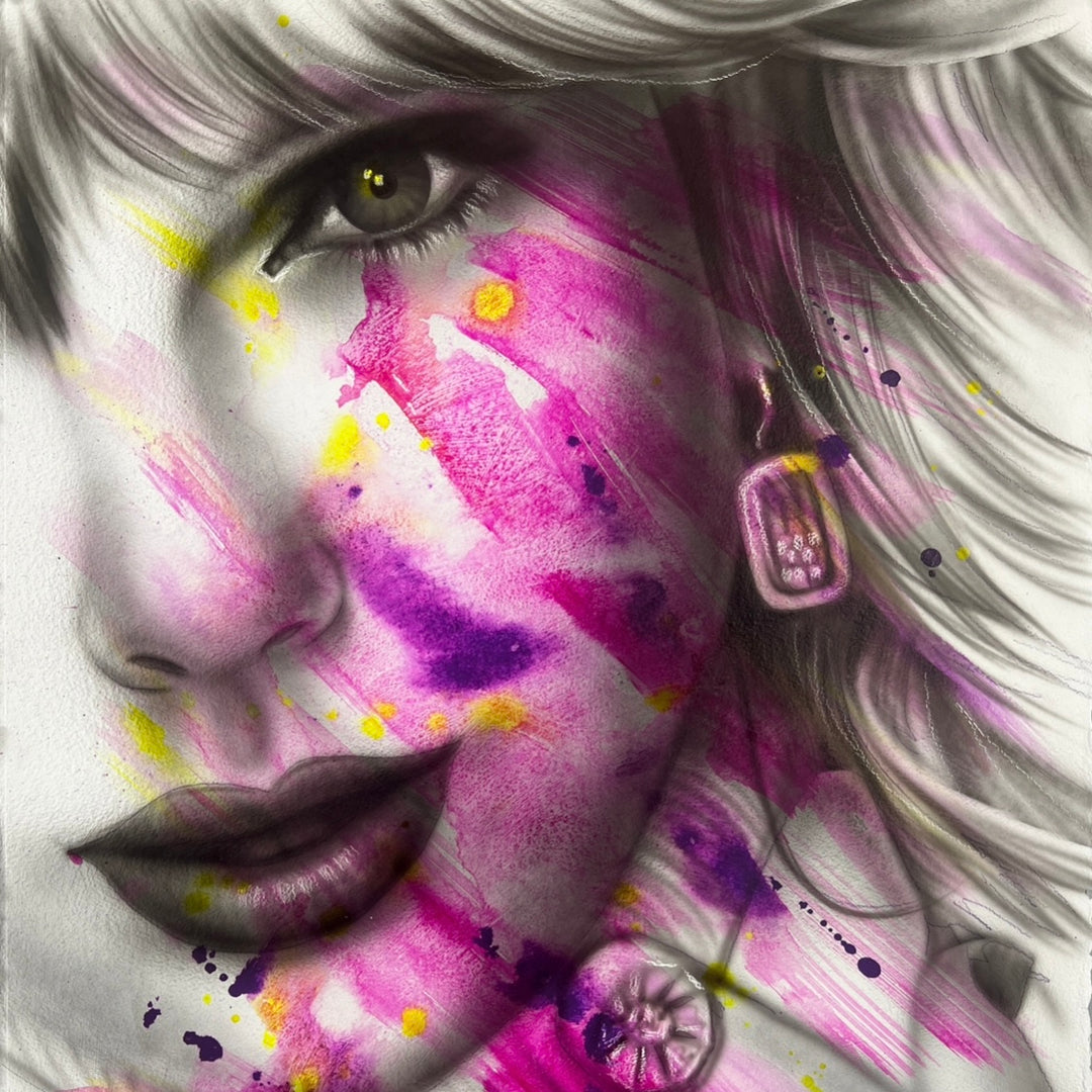 Contemporary portrait painting of a woman with platinum blonde hair, rendered in grayscale with vivid splashes of pink, purple, and yellow paint across her face. Soft shading, expressive brushwork, and graffiti-inspired details create a bold, modern glam aesthetic with an emotional, cinematic feel.
by shenshen