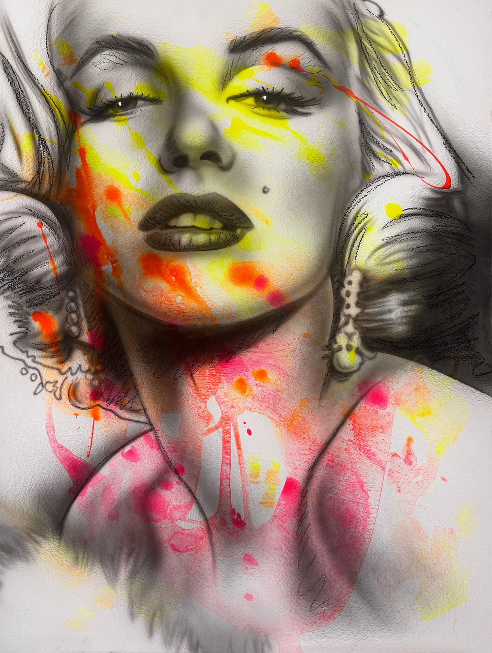Black-and-white portrait painting inspired by Marilyn Monroe, accented with bold neon splashes of yellow, pink, and orange. Expressive mixed-media style with dripping paint details, dramatic shading, and vibrant graffiti-inspired marks creates a modern, edgy glamour aesthetic.
