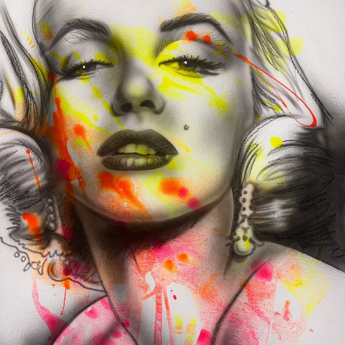 Black-and-white portrait painting inspired by Marilyn Monroe, accented with bold neon splashes of yellow, pink, and orange. Expressive mixed-media style with dripping paint details, dramatic shading, and vibrant graffiti-inspired marks creates a modern, edgy glamour aesthetic.
