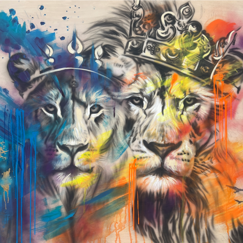 Two lions wearing crowns with orange and blue hues
