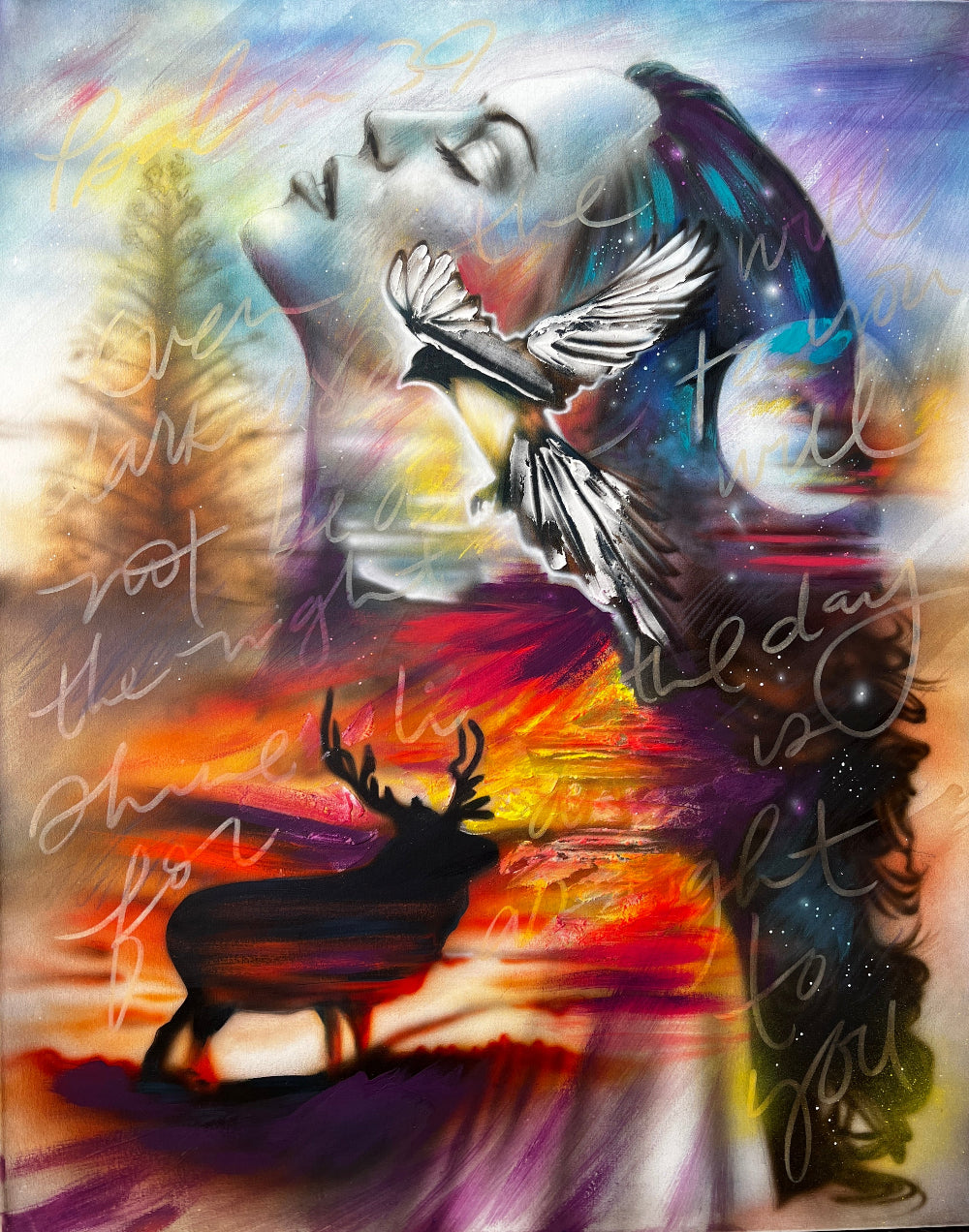 The airbrush mixed media painting “Mountain Girl” pictures a dark haired girl looking up to heaven with forest elements and fun upbeat colors 