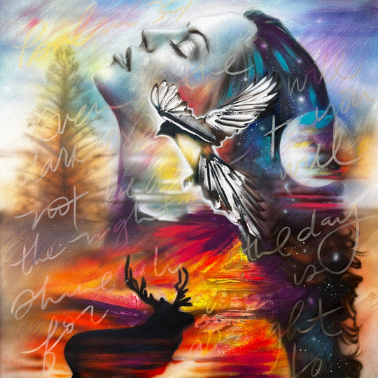 The airbrush mixed media painting “Mountain Girl” pictures a dark haired girl looking up to heaven with forest elements and fun upbeat colors