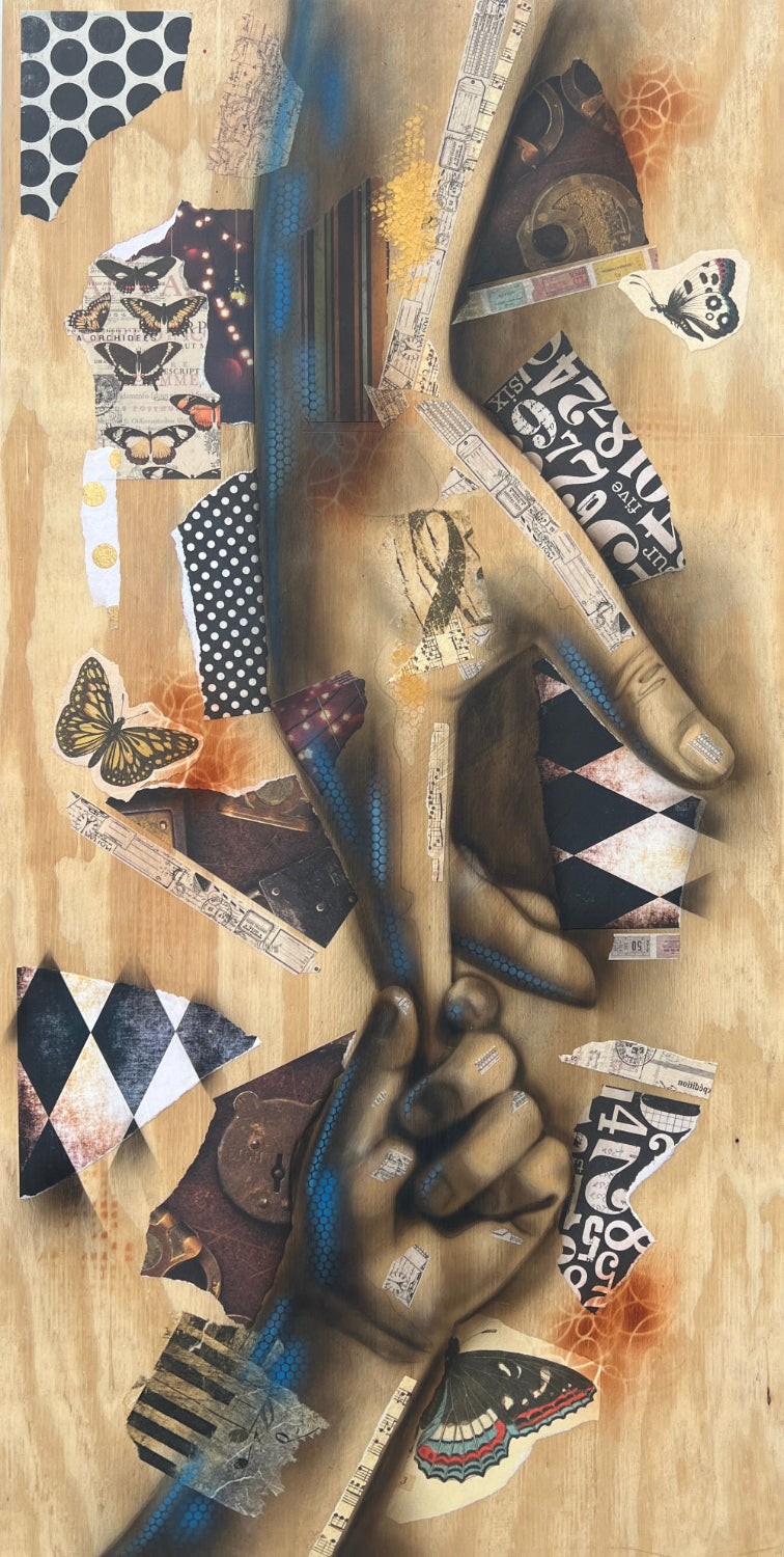 Needful Hands – original artwork depicting a parent and child holding hands with abstract elements.