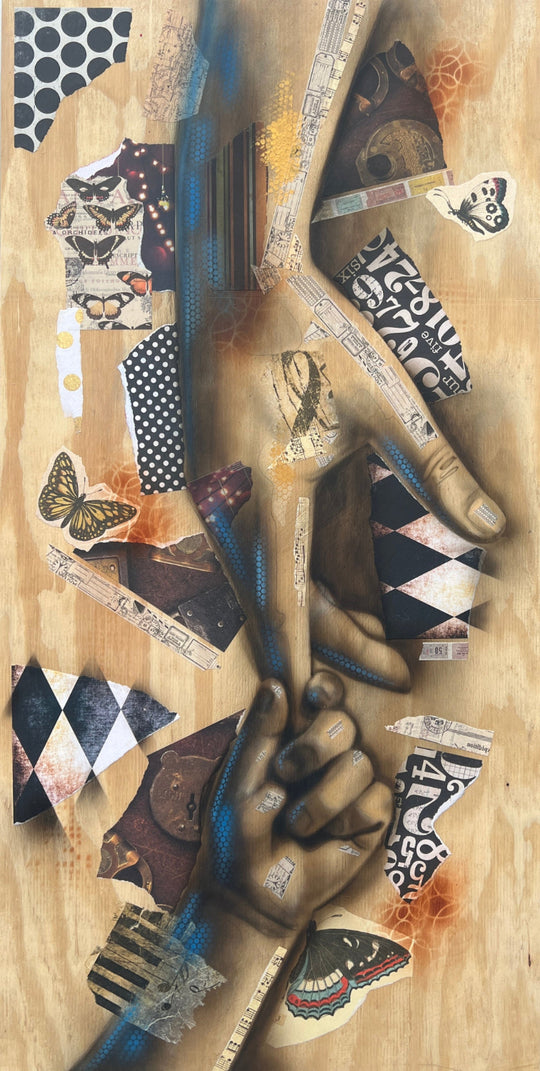 Needful Hands – original artwork depicting a parent and child holding hands with abstract elements.