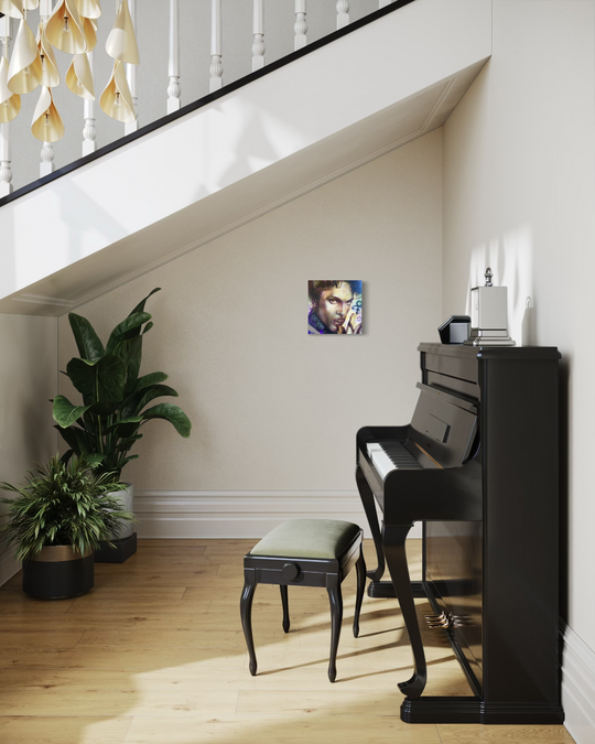 Black piano in a room with plants and a staircase. Prince limited edition reproduction artwork fine art giclee canvas print gallery wrapped by ShenShen.