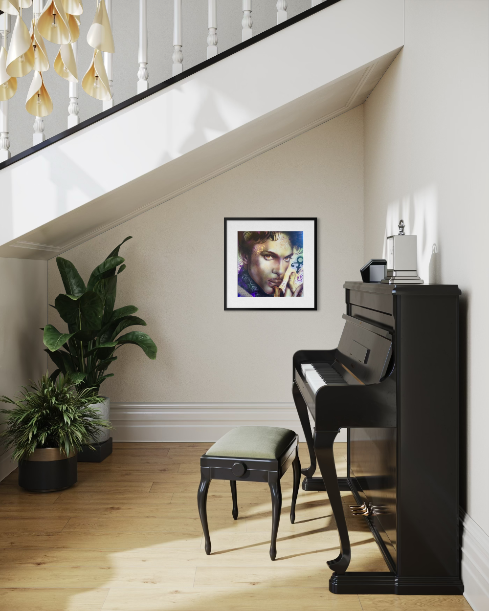 Stylish interior with a black piano, green plant, and framed artwork on a beige wall. Prince limited edition reproduction artwork fine art print by ShenShen.
