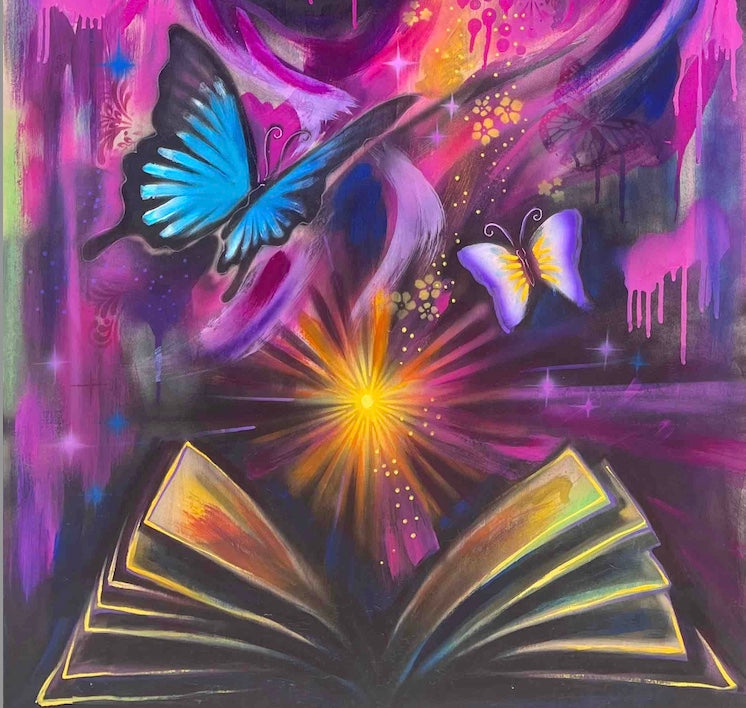 A vibrant mixed-media painting featuring butterflies, a book, and colorful abstract elements against a dark background.