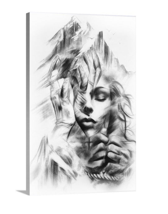 Charcoal abstract portrait art of a woman with flowing hair, titled Resilient Love.