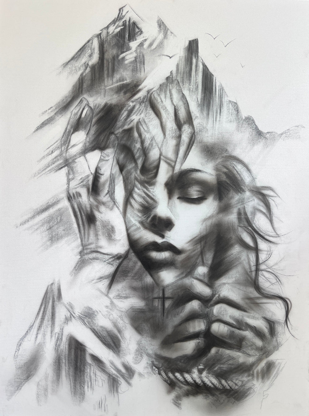 Resilient Love — woman with abstract mountain scene, charcoal on canvas, theme of freedom and inner strength.