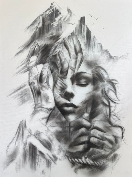Resilient Love — woman with abstract mountain scene, charcoal on canvas, theme of freedom and inner strength.