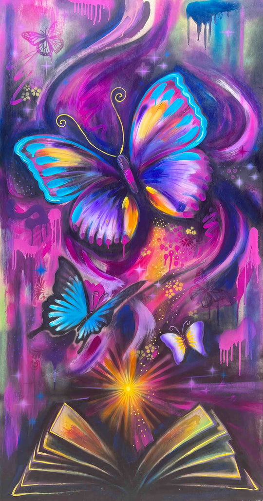 Colorful contemporary butterfly painting featuring vibrant purple, blue, pink, and yellow butterflies swirling above an open glowing book. Graffiti-inspired drips, sparkling details, and flowing abstract brushstrokes create a whimsical, dreamlike atmosphere symbolizing imagination, transformation, and creativity. original painting by shenshen
