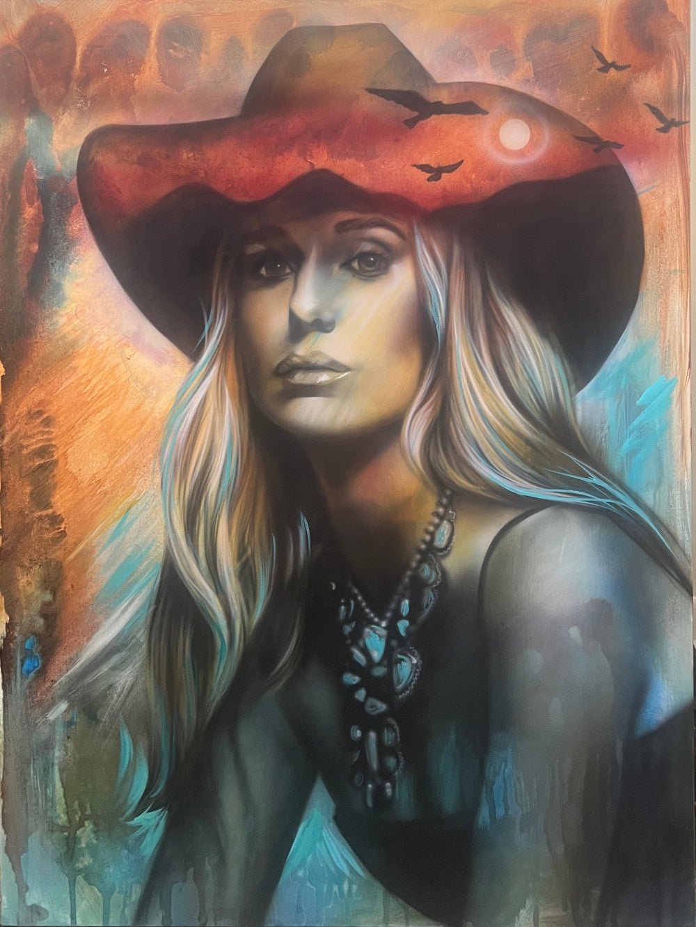 Painting of a lainey wilson wearing a cowboy hat with a sunset background reds oranges and blue hues Sunset Serenade by shenshen