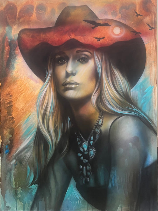 Painting of a lainey wilson wearing a cowboy hat with a sunset background reds oranges and blue hues Sunset Serenade by shenshen