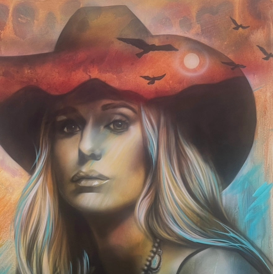 A vibrant mixed media painting featuring a portrait of Lainey Wilson with a red hat, set against a background of birds and a sunset.