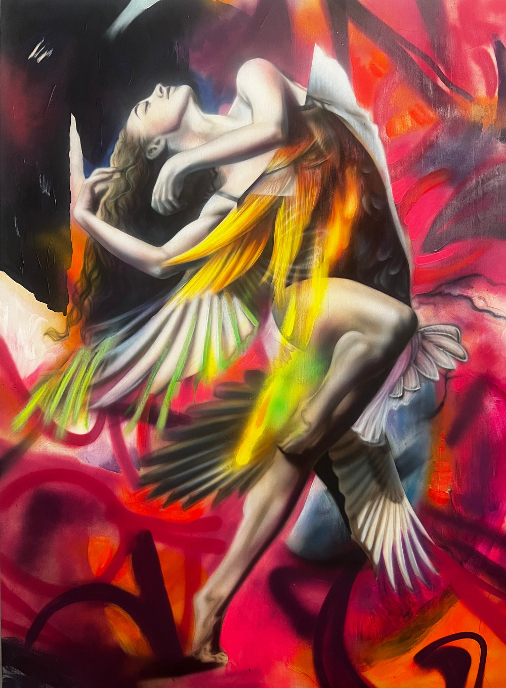 Colorful artwork of a winged figure womanwith abstract background by shenshen reds pinks and yellow hues