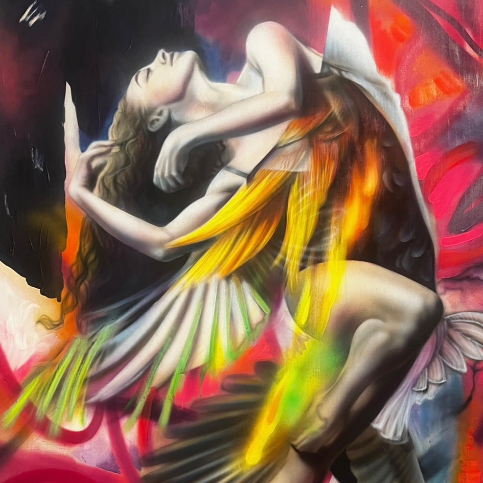 A vibrant acrylic painting on wood featuring a woman with wings dancing against a background of bold urban colors.