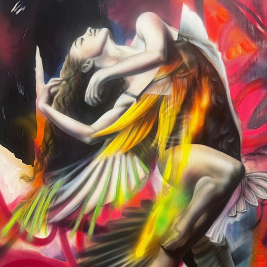 A vibrant acrylic painting on wood featuring a woman with wings dancing against a background of bold urban colors.