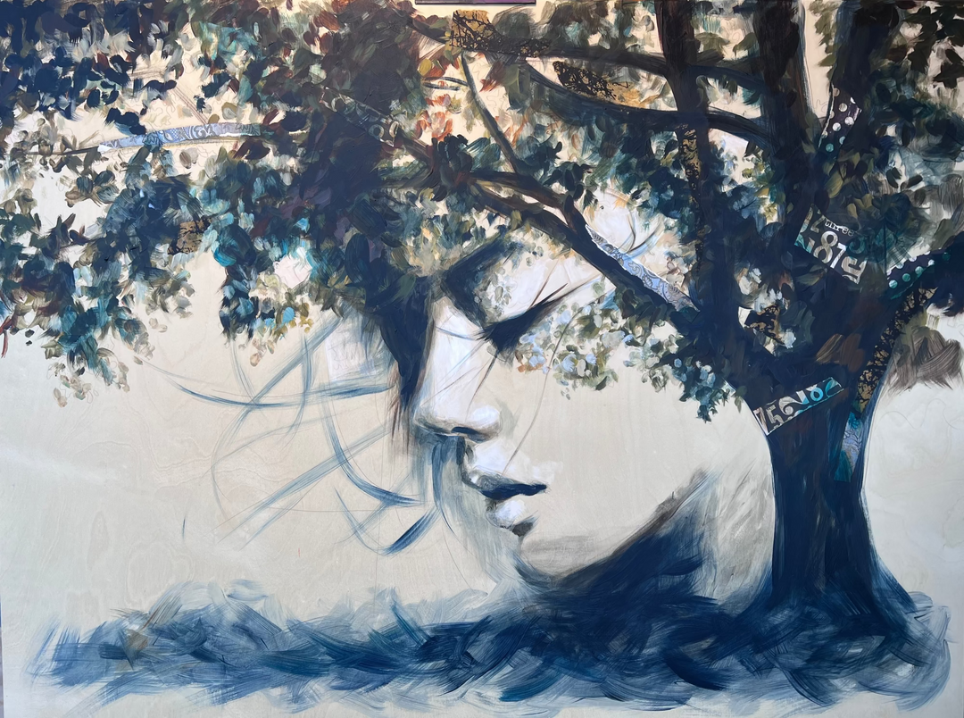Artistic depiction of a person's face with tree branches and leaves