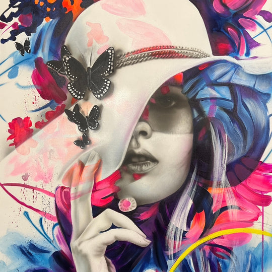 A painting featuring a woman with a hat adorned with butterflies, surrounded by vibrant floral and butterfly motifs in bold colors.