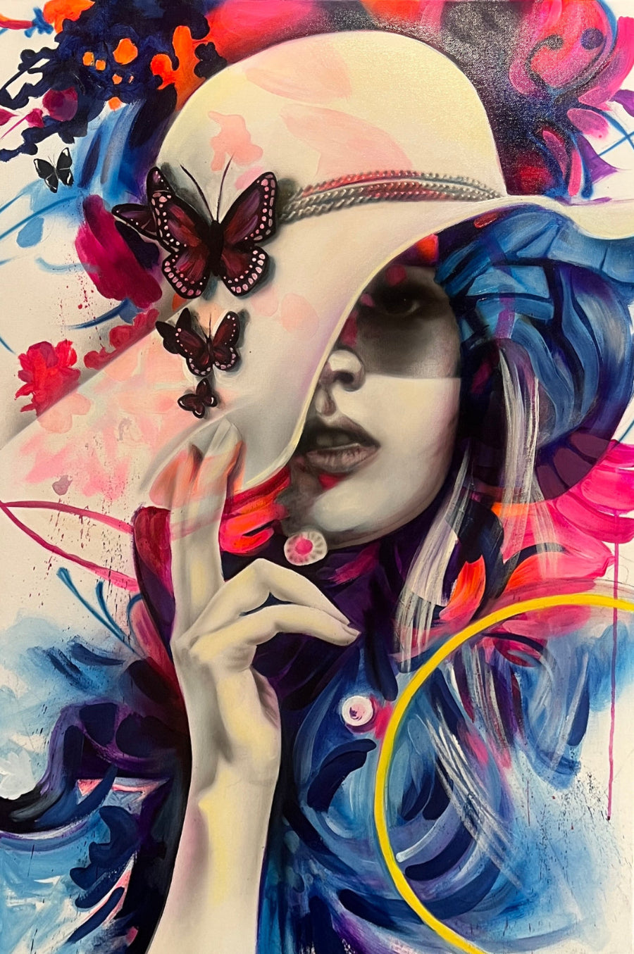 painting by shenshen woman pulling sunhat over her eye with three butterfly and whimsical vibrant colors