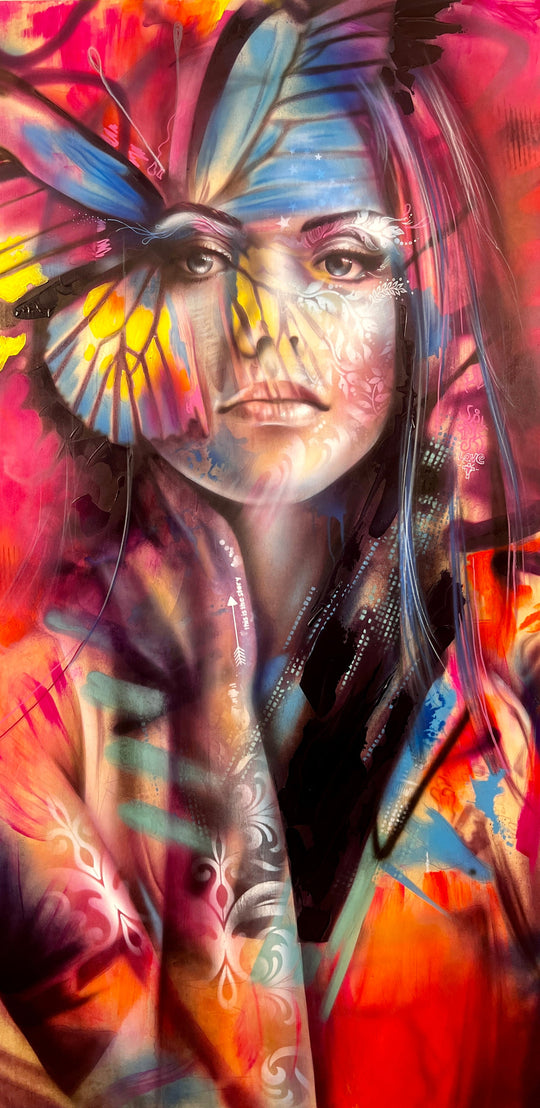 Artistic depiction of a person with butterfly wings and colorful abstract patterns. red pink blue and yellow hues