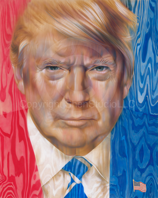 This image features a detailed and expressive portrait painting titled "Against the Grain: A Portrait of President Donald J Trump." The painting, submitted to the Smithsonian Art Contest in 2019, depicts President Trump with a serious expression.