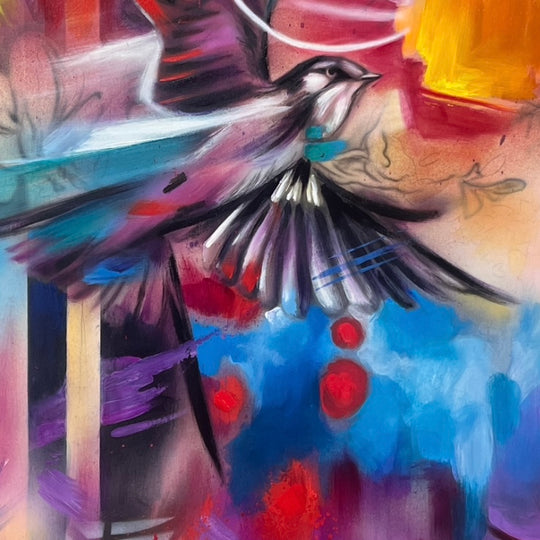 A vibrant, abstract painting featuring a bird in flight with a background of fiery and luminous colors on a wood surface.