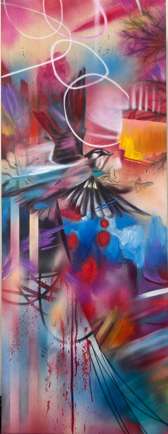 Abstract artwork with vibrant colors and dynamic shapes