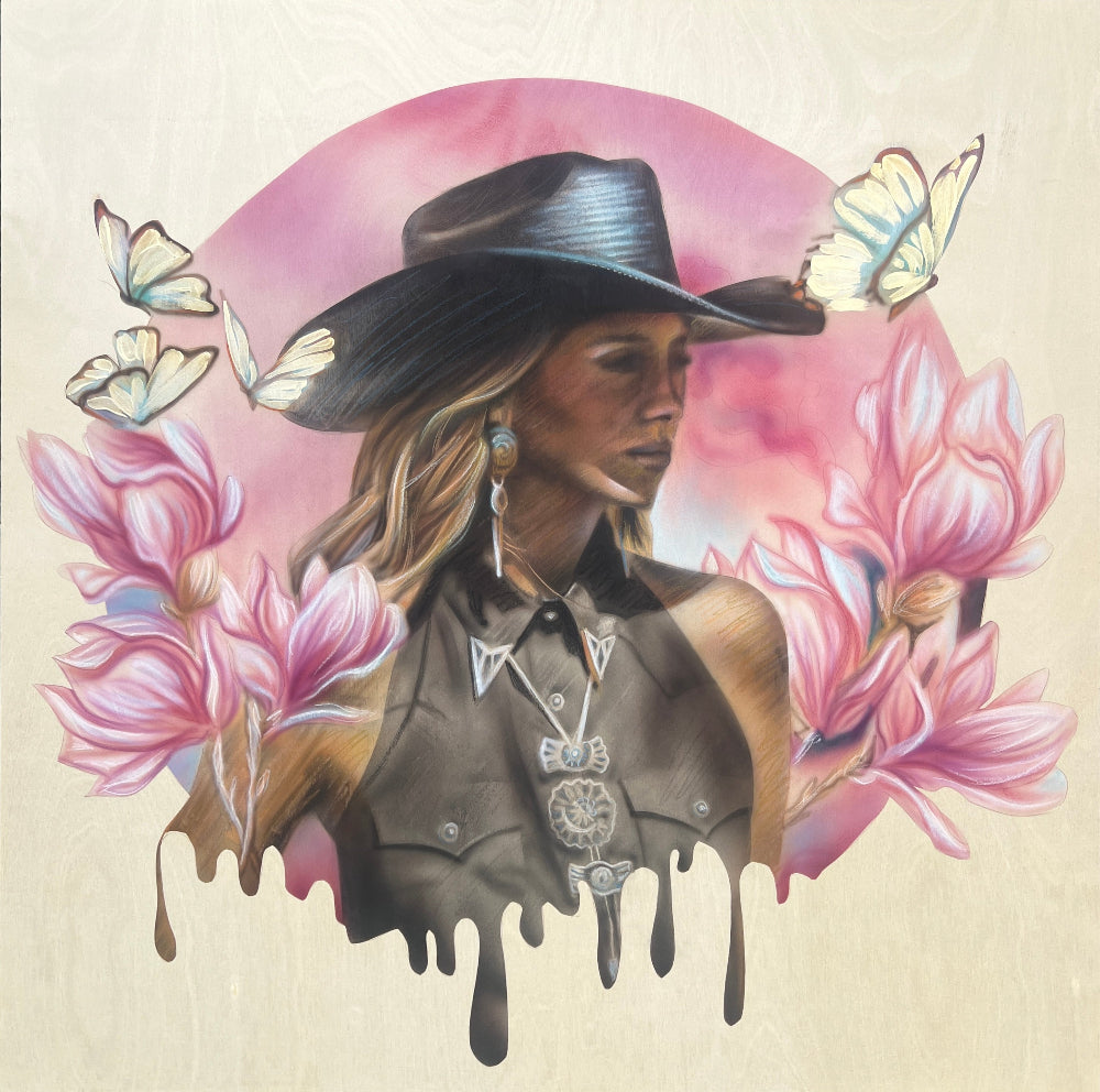A painting of a woman with a hat and butterflies around her, with a background of pink flowers and a teardrop-shaped pendant.