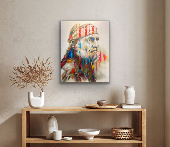 Colorful portrait of a man with a headband on a wall above a wooden shelf with decorative items.