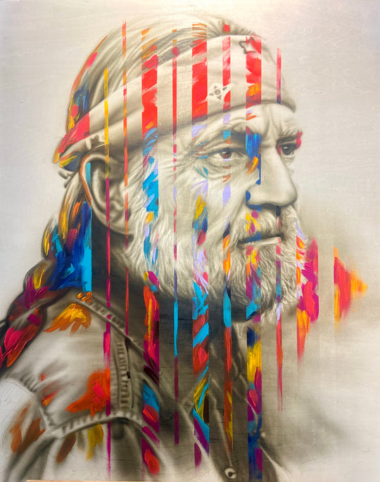Artistic depiction of a figure with colorful headdress and feathers on a neutral background