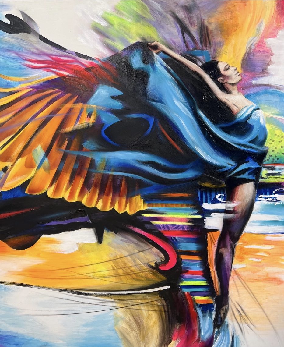 Abstract expressionist painting of a graceful woman in flowing blue fabric, posed like a dancer with vibrant wing-like brushstrokes in orange, pink, blue, and yellow radiating behind her. Bold movement, vivid color contrasts, and reflective water elements create a sense of freedom, energy, and transformation.

