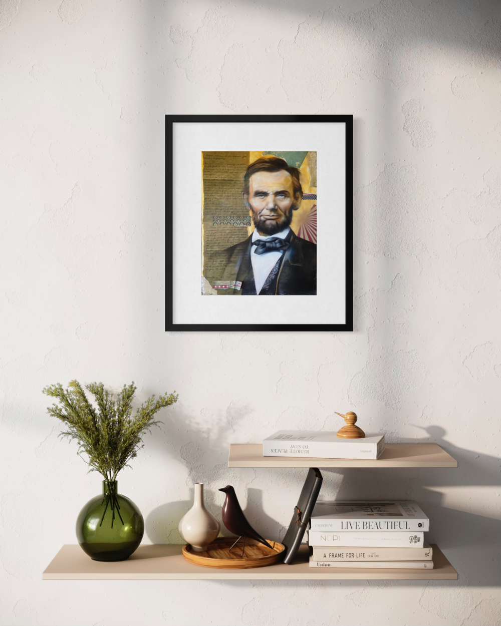 Framed portrait of a historical figure on a wall above a shelf with decorative items. Abraham Lincoln fine art print limited edition reproduction by ShenShen.